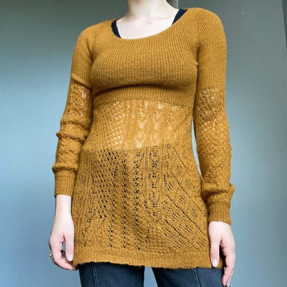 Knitted & Knotted 100% Alpaca Mustard Yellow Sheer Lace Sweater Dress Sz S